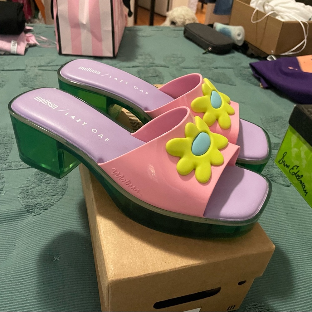 Melissa Pink and Green Floral Mules - Picture 2 of 4